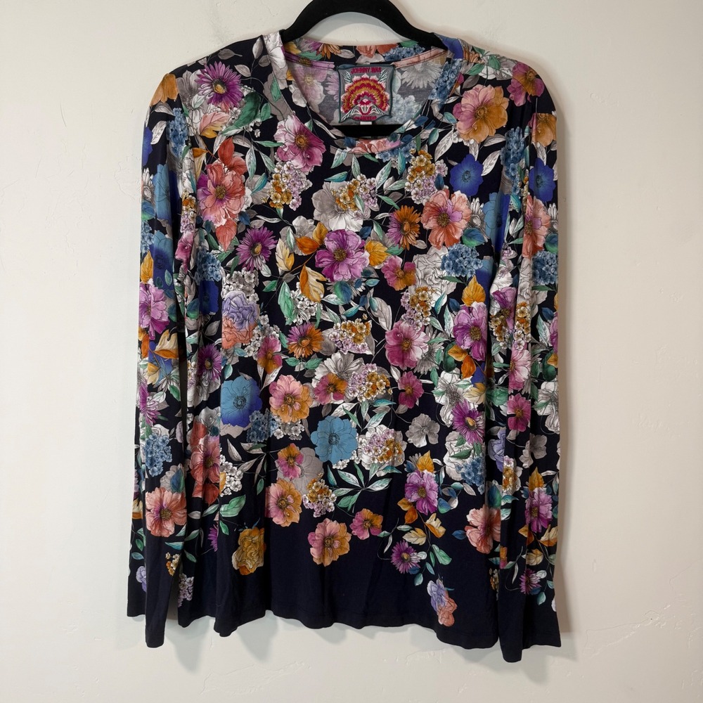 Johnny Was Womens Floral Long Sleeve Top Medium Navy Multi Stretch Boho T15123-8